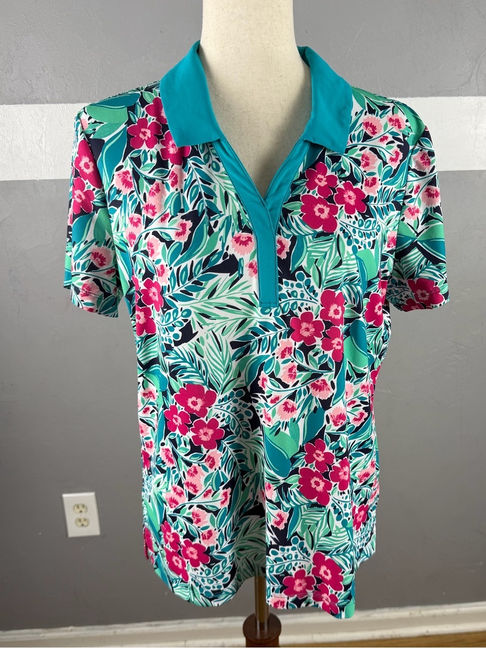 Lilly Pulitzer Teal Floral Polo Top Golf